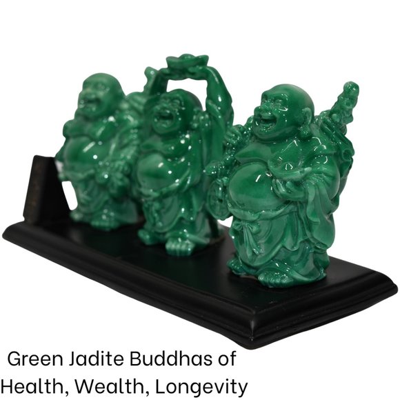 2.5"- 3" H Green Jadite Buddhas of Health, Wealth, Longevity Base 6.5" x 2.5" - Picture 3 of 6